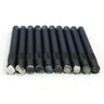 Close-up of ten different mineral tips on Mohs gemological hardness testing pencils arranged in a row.