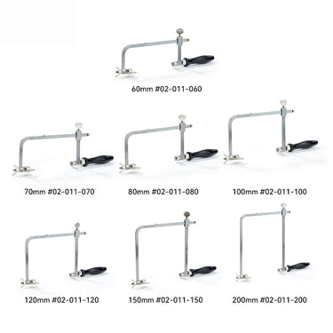 Compilation matrix displaying various frame depth sizes of NIQUA adjustable saw frames from 60mm to 200mm.