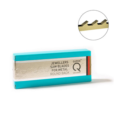 NIQUA Super Q jeweler's saw blades retail box with a circular inset diagram showing the gold-color teeth profile.