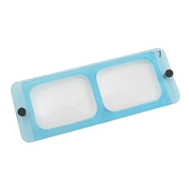 Front view of a blue Optivisor replacement lens plate number 7 with mounting pins.