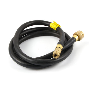 Coiled black LPG gas hose focusing on the internal brass terminal threading and knurled adapter