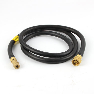 Full view of the 1.25 meter black LPG gas hose with US type brass threaded terminals on both ends