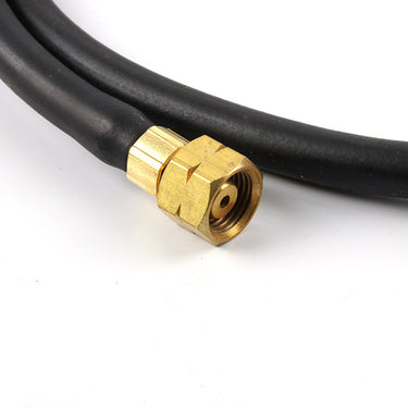 Close-up of the threaded female brass connector coupling on the heavy-duty black gas hose for ORCA torches