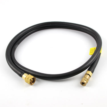 Coiled black rubber replacement gas hose with attached brass nuts on both ends for the ORCA M75 torch kit