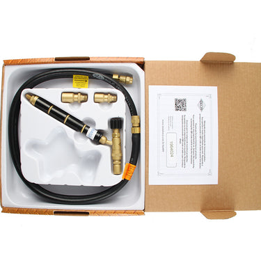 Top down view of the open box showing the ORCA M75cmb torch handle body and accessories secured inside a plastic tray