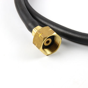 Close-up of the threaded female brass connector coupling on the heavy-duty black gas hose for ORCA torches
