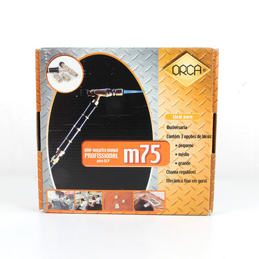 Outer cardboard retail packaging box for the ORCA M75 professional manual micro torch for LPG gas
