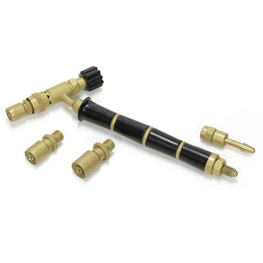 Angled layout view of the ORCA M75CTG micro blowtorch handle assembly, three burner tips, and a brass hose connector