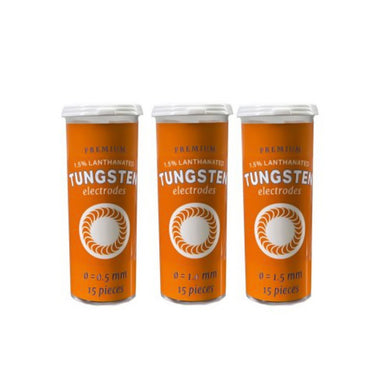 Three bottles of Orion premium 1.5% lanthanated tungsten welding electrodes in different sizes.