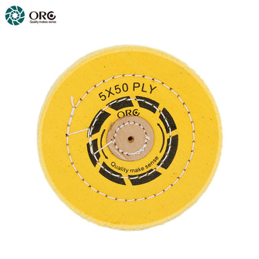 Front view of a 5-inch 50-ply ORO light yellow muslin buff with a reinforced leather center and stitching.
