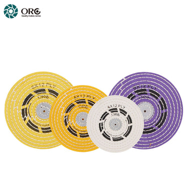 A group of ORO Buff Razor Edge wheels in light yellow, dark yellow, white, and berry purple colors.