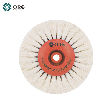 ORO extra soft white goat hair rotary polishing wheel with an orange plastic center hub.