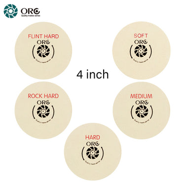 A set of 4-inch ORO felt wheels in five densities: Soft, Medium, Hard, Rock Hard, and Flint Hard.