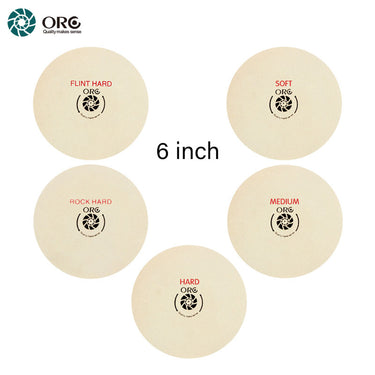 6-inch ORO felt lap wheel collection showing five different hardness levels for metal finishing.