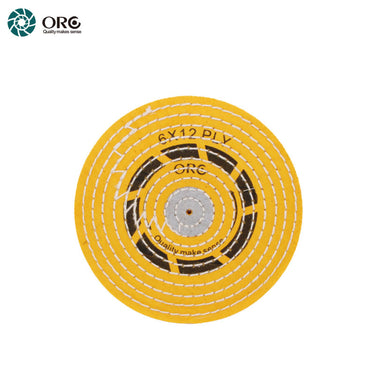 Front view of a 6x12 ply ORO light yellow buff razor edge wheel for fine metal polishing.
