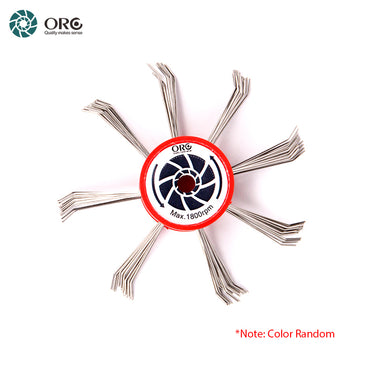 Red hub ORO MaxiMat texturing brush wheel with angled wire pins for jewelry matte finishing, rated max 1800 RPM.