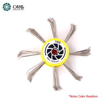 Yellow hub ORO MaxiMat matte finishing rotary wheel featuring angled steel wire pins on a white background.