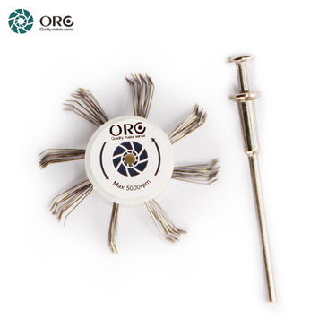 A single ORO MediMat texturing wheel with steel wire pins shown next to a vertically positioned screw mandrel.