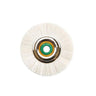 Close-up of a single miniature fine white goat hair polishing brush wheel with a brass and green lined metal center.