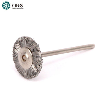 An ORO miniature stainless steel wire wheel brush on a shank, ideal for precise metal cleaning and finishing.
