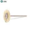 An ORO miniature white natural bristle rotary wheel brush mounted on a straight metal attachment shank.
