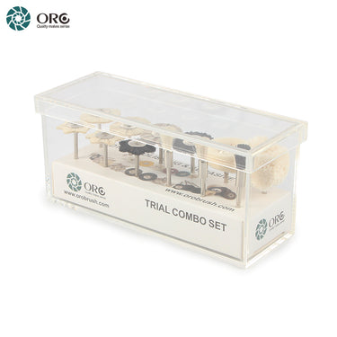 Angled front-left view of the ORO rotary polishing tools trial combo set packaged in a clear rectangular box.