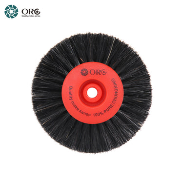 ORO dental lathe polishing wheel featuring black pure Chungking bristles and a red plastic center hub.