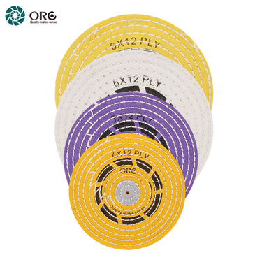 Stacked ORO razor edge polishing buffs showing various sizes (4", 5", 6") and color-coded densities.