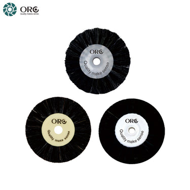 ORO dental lathe bristle brushes with grey, cream, and white plastic core hubs.