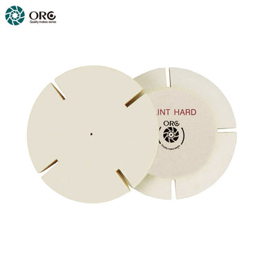 Front and back view of an ORO split felt lap wheel highlighting the central mounting hole and Flint Hard marking.