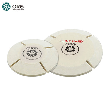 Angled view of two ORO split felt lap wheels showing the thickness of the high-quality pressed wool material.