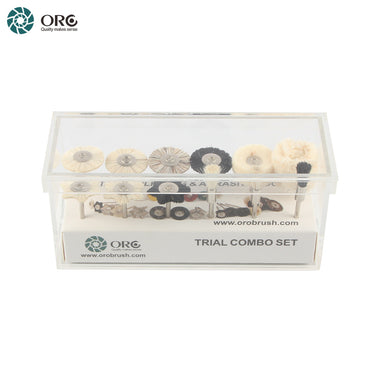 Direct front view of the ORO Trial Combo Set inside a clear acrylic display case showing various polishing wheels.
