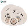 Various sizes of ORO white muslin buffs from 2.5 to 8 inches for fine jewelry mirror finishing.