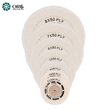 Stacked ORO high-density white muslin buffs showing 50-ply thickness and diameter range.