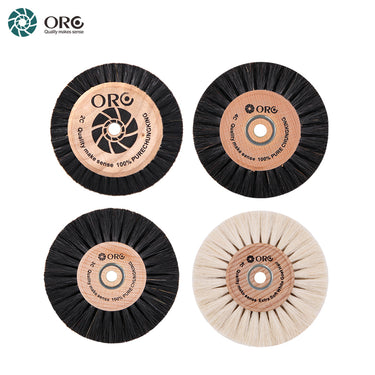 Grid view of four ORO wooden hub polishing wheels featuring three black Chungking bristle brushes and one white goat hair brush.