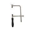 Profile view of an OSCAR Indian adjustable jeweler's saw frame featuring a turned black wooden handle.