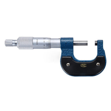 The back view of a 0-25mm outside micrometer featuring a blue textured frame and a black insulated grip plate.