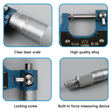 A four-panel graphic highlighting the laser scale, alloy anvil, locking screw, and force measuring device.