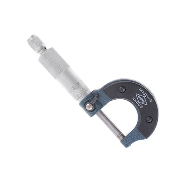 A 0-25mm outside mechanical micrometer positioned diagonally with its silver thimble pointing up and left.