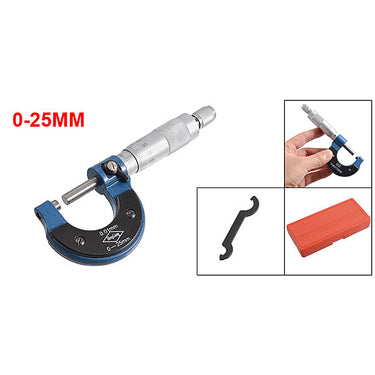 A 0-25mm micrometer kit featuring inset boxes showing it held in a hand, a calibration wrench, and a red case.