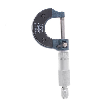 Straight vertical view of a mechanical outside micrometer screw gauge showing the thimble scale readings.
