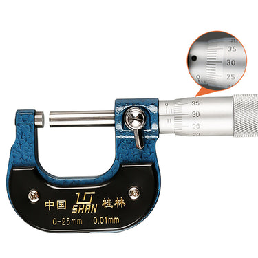 An outside micrometer showing an upper circular inset magnifying the fine vernier scale markings on the thimble.