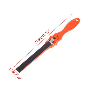 Dimension diagram for a narrow orange plastic flat sanding stick with a 1.5cm clamping width and 27cm length