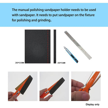 Infographic showing sandpaper cutting steps and demonstration of how to clip sandpaper into the holder