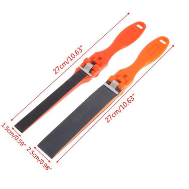 Dimension diagram for two orange plastic flat sanding sticks with 1.5cm and 2.5cm widths and a 27cm length