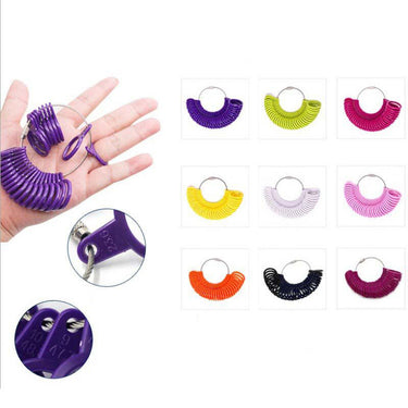 Infographic showing a purple plastic ring sizer in a hand, size details, and various color options.