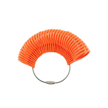 An orange plastic ring sizer measurement gauge loop isolated on a white background.