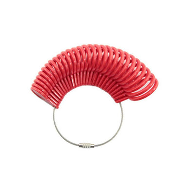 A red plastic ring sizer measurement gauge loop isolated on a white background.