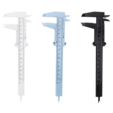 White light blue and black 0-150mm standard plastic vernier calipers shown side by side.