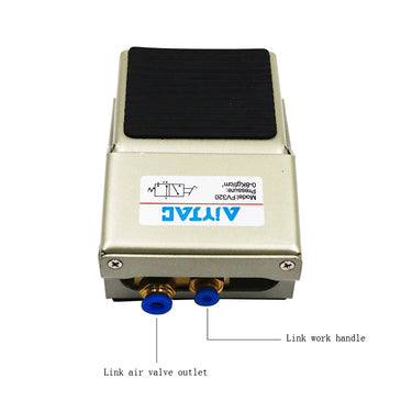 AirTAC pneumatic foot pedal showing labeled air valve outlet and work handle connection ports.